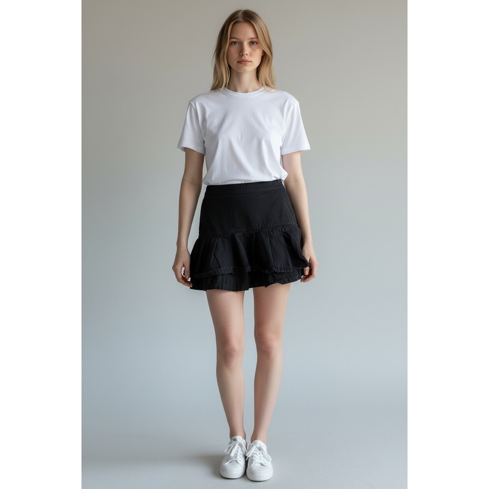 Forever 21 Black Ruffle Hem Denim Mini Skirt Pleated Tiered Size Small